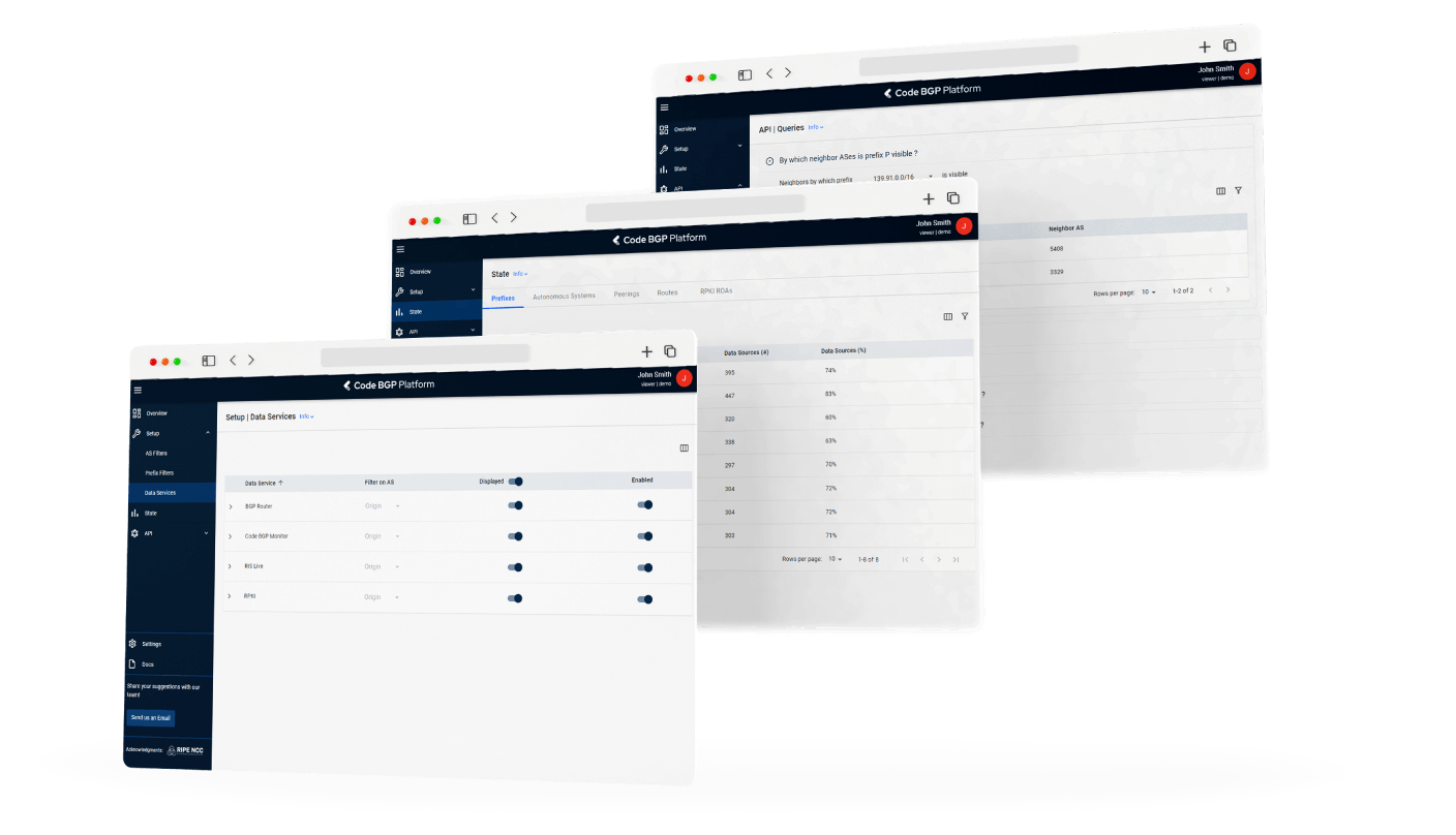 3 screenshots of Code BGP platform