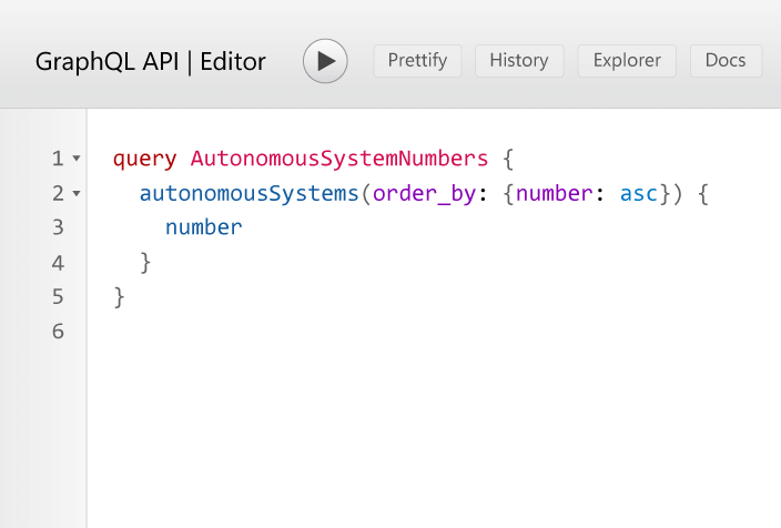 Screenshot of GraphQL editor displaying an autonomous system numbers query