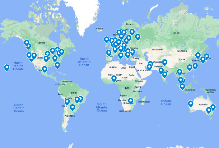 World map with markers displaying Code BGP monitors